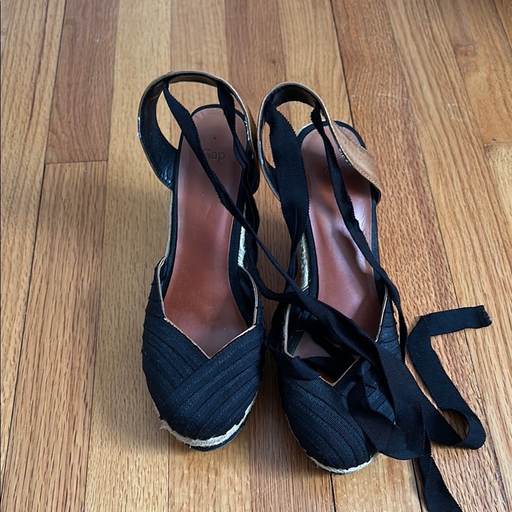 Black Lace up Espadrille Wedge Sandals